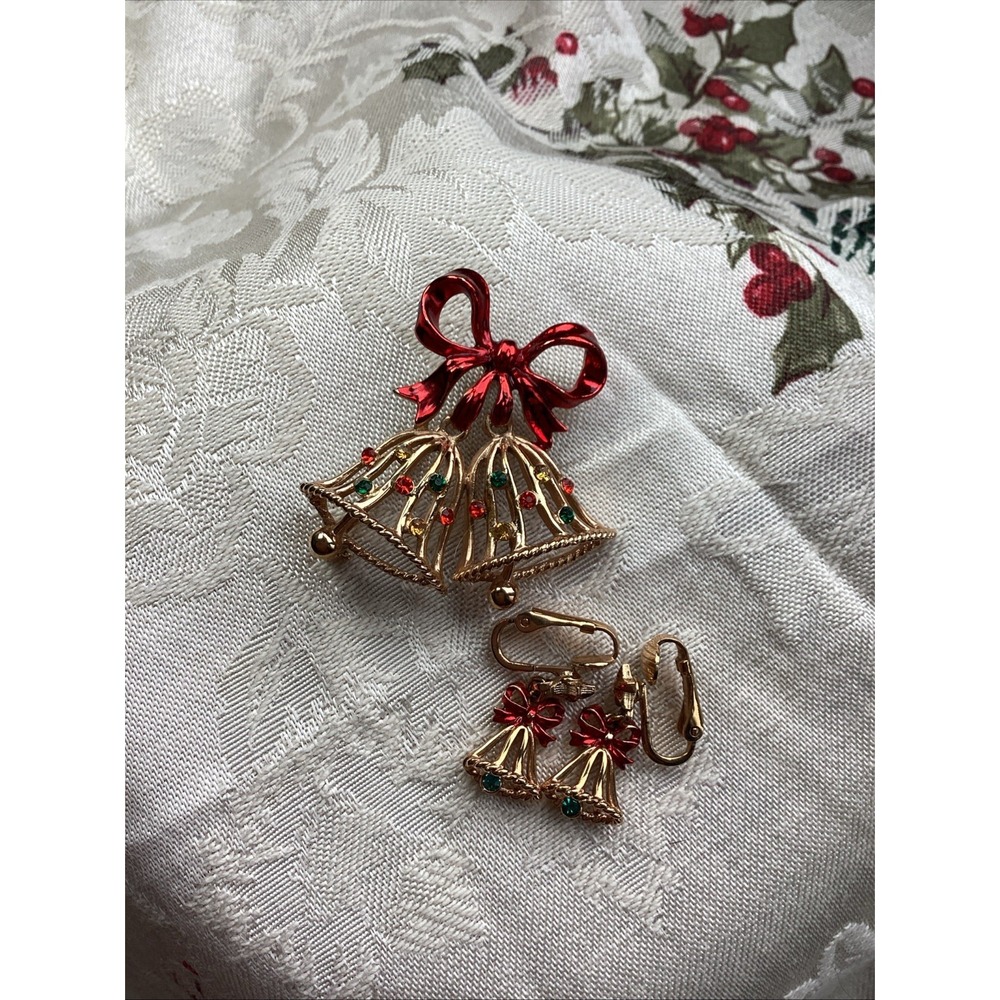 Vintage Gerry's Christmas Bell Brooch & Clip Earrings Set